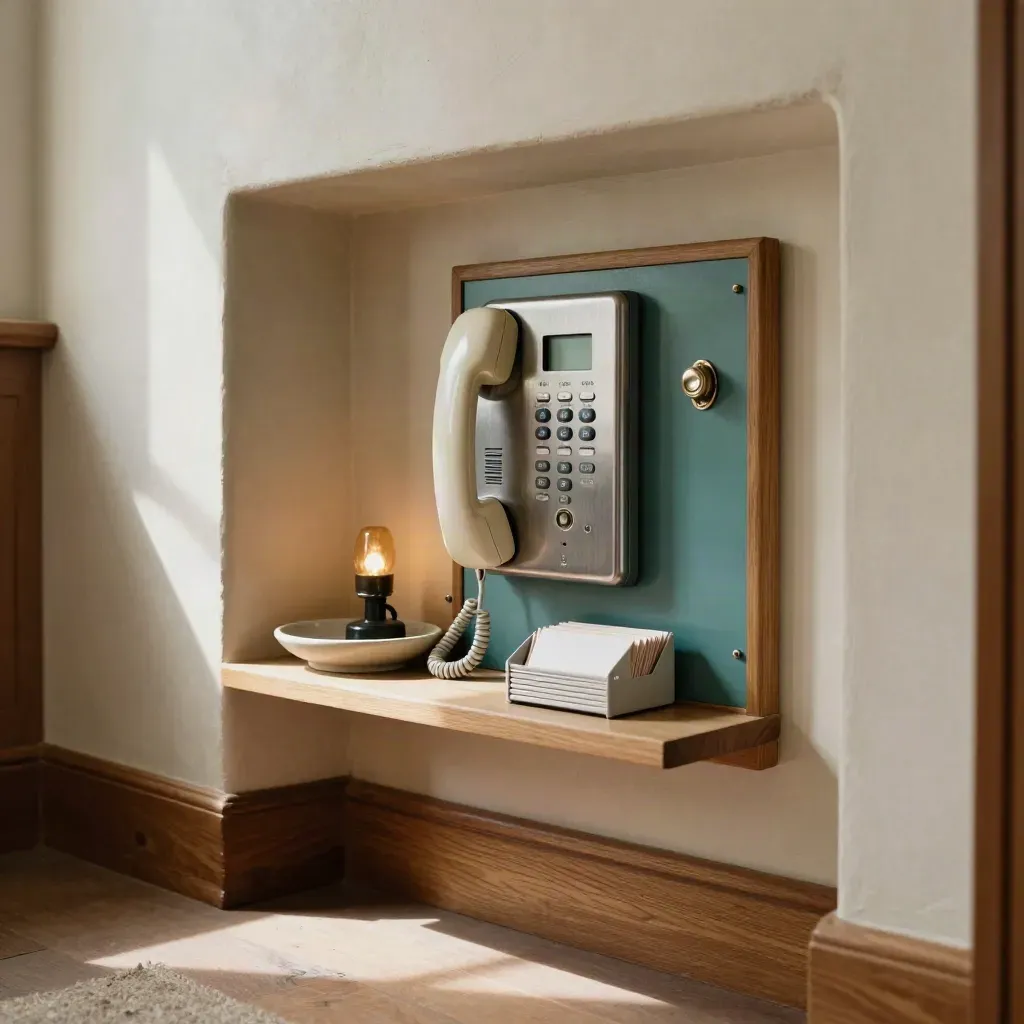 Telefonstation in einer hellen Plasternische mit Lampe, Kartenhalter und warmem Fensterlicht