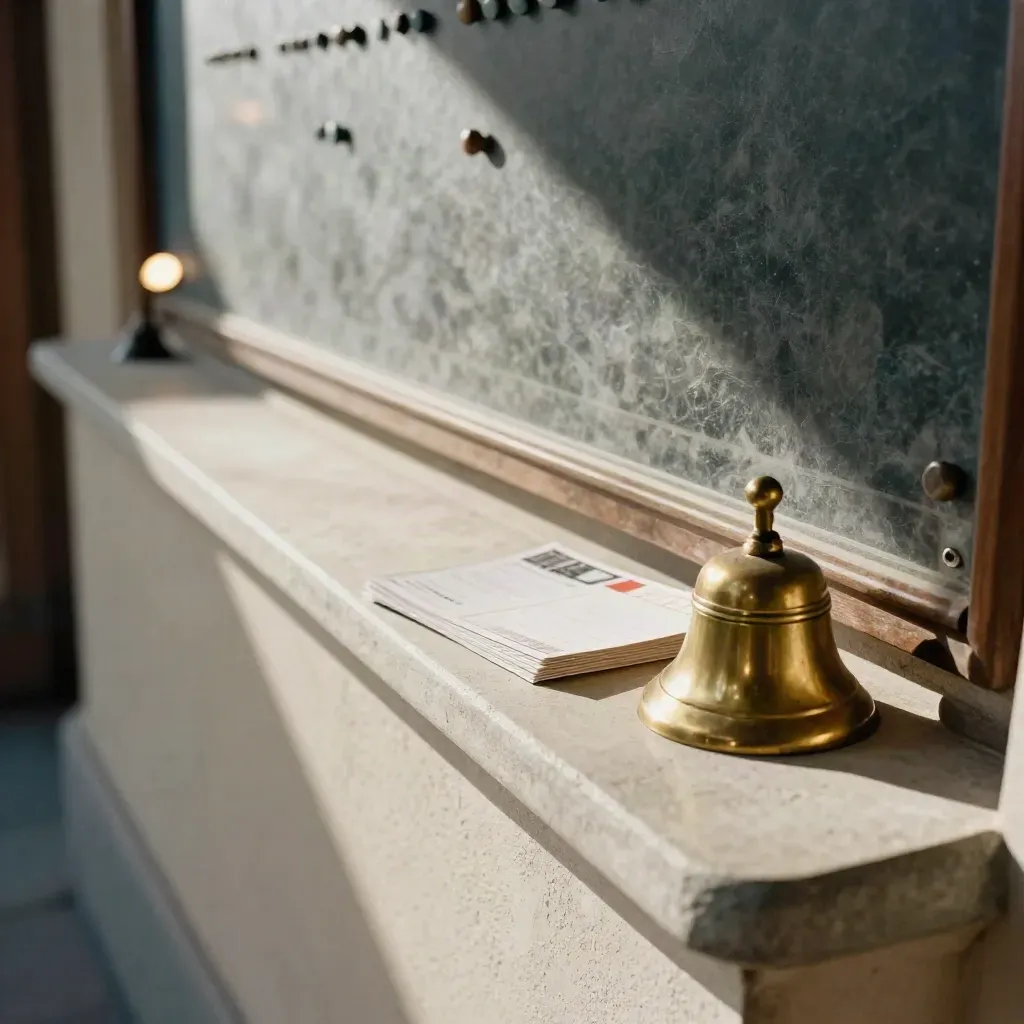 Brassglocke und Karten auf einer Plasterleiste im warmen Foyer