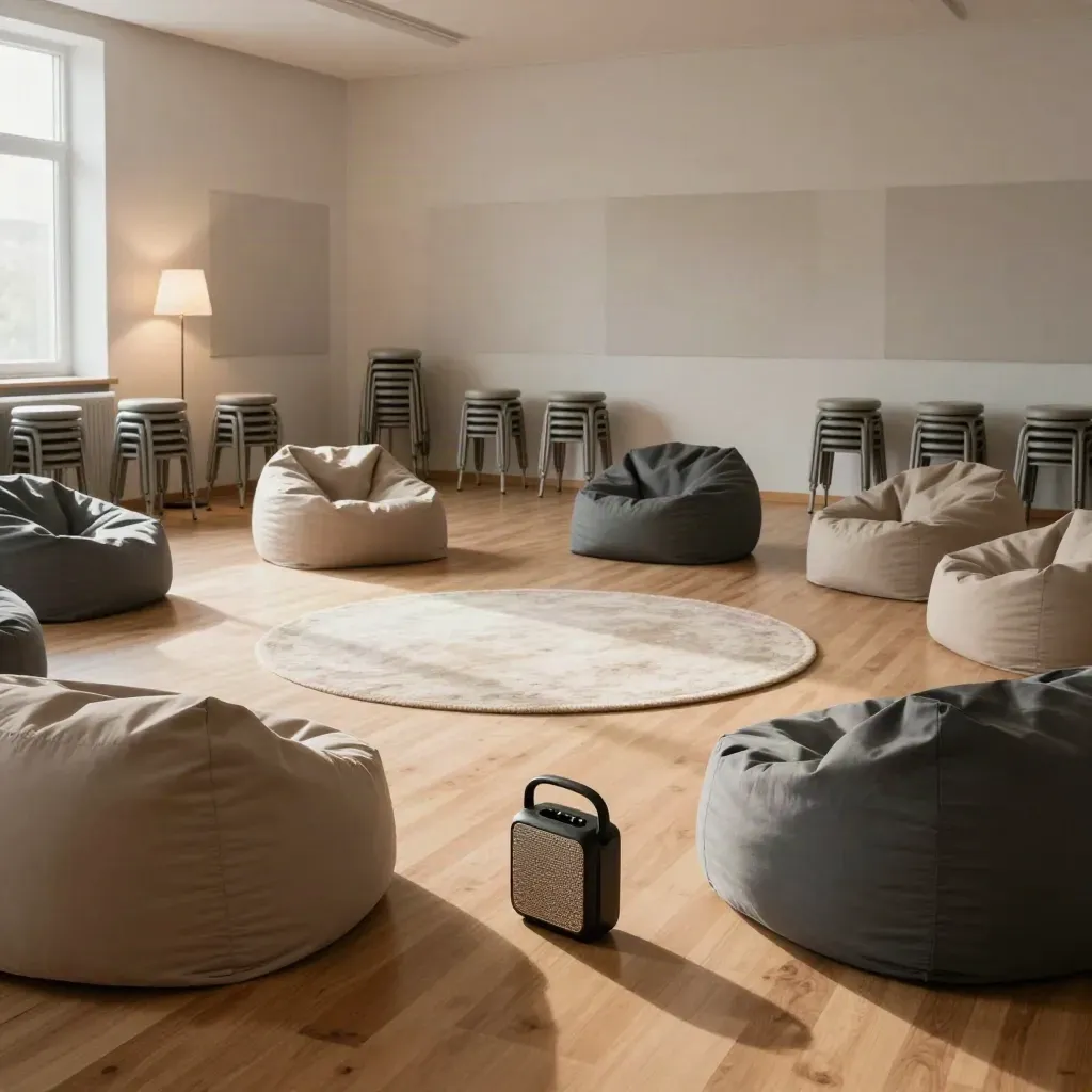 Leerer Jugendraum in Winterthur mit Hockern, Beanbags, Lautsprecher und Teppichkreis.