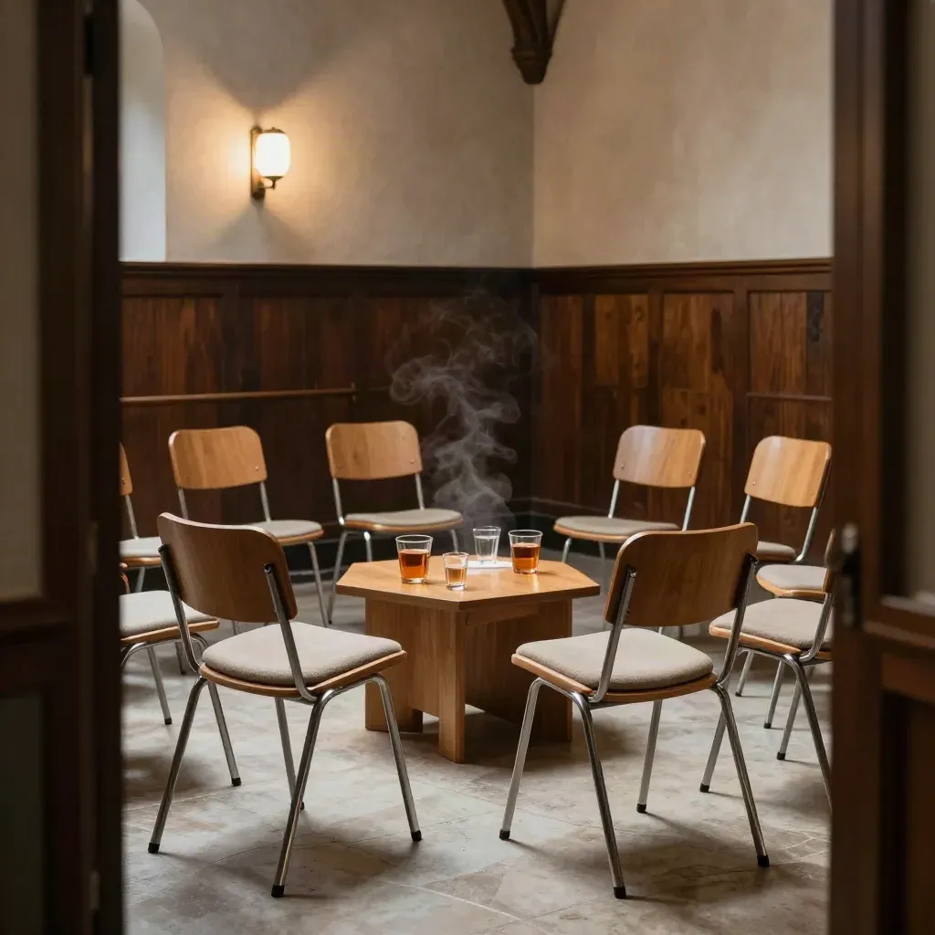Leerer Gemeinschaftssaal in Luzern mit Stühlen, Kissen und Teegläsern im Halbkreis.