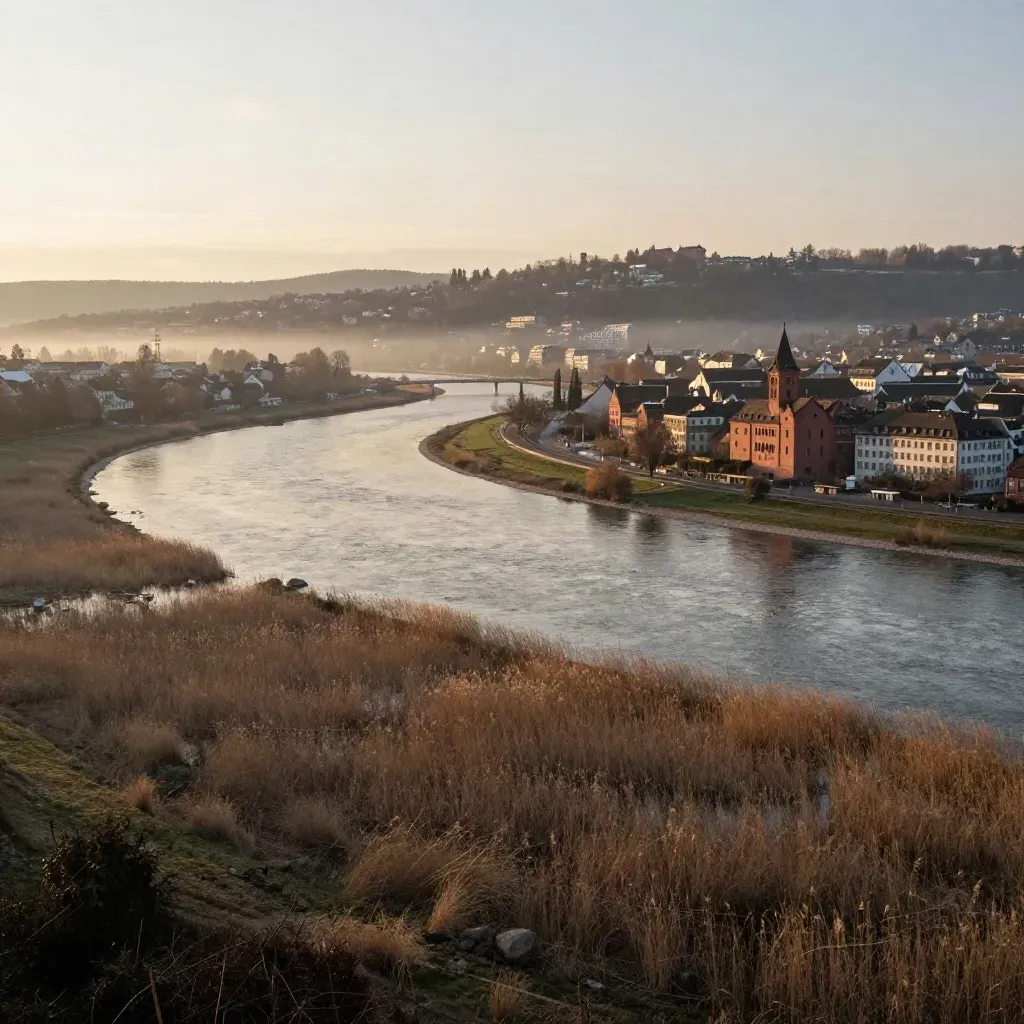 Hazy Basel-Region mit Rheinbogen, Stadtkante und ruhiger Flussaue im Abendlicht